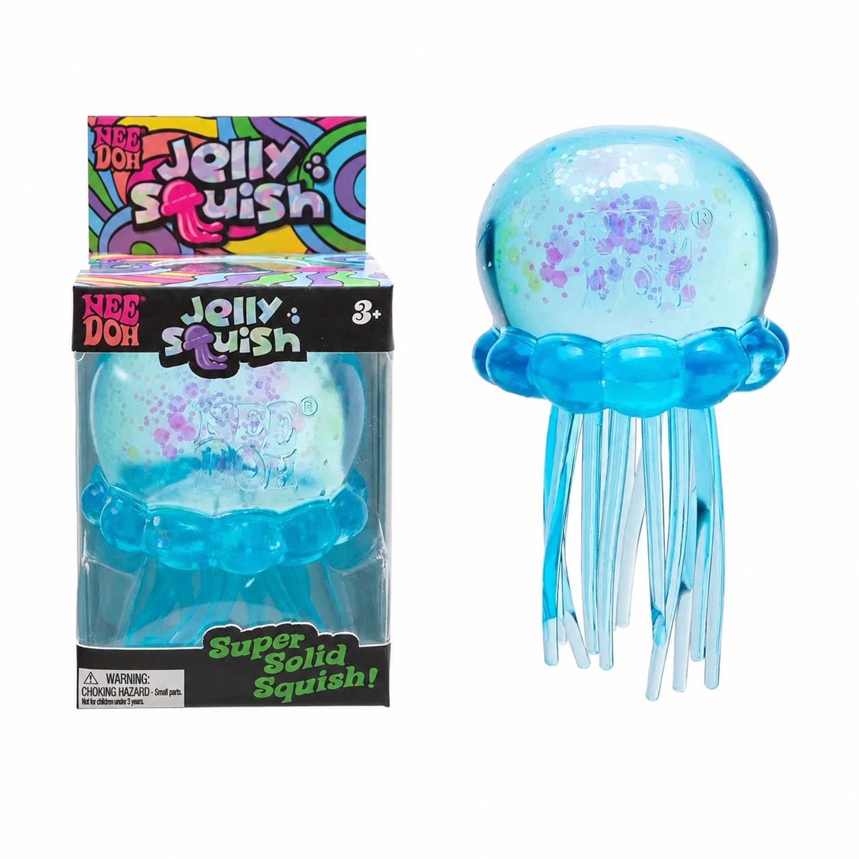Blue glitter jellyfish squishy with retail box, supplier watermark removed