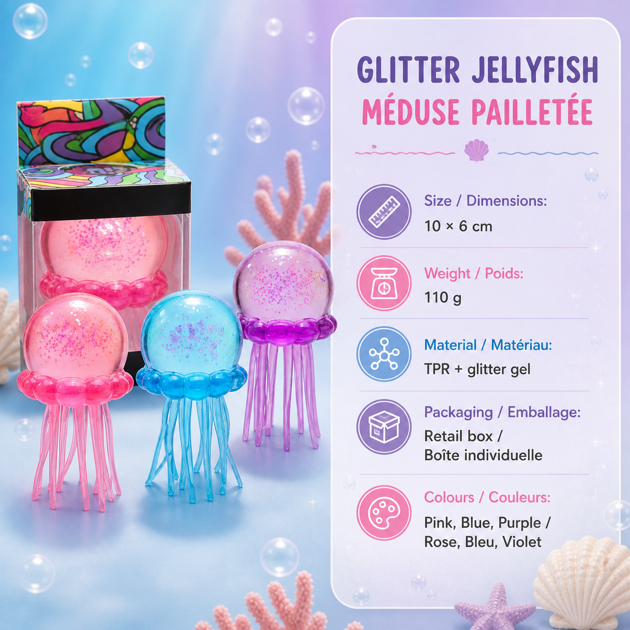 Glitter jellyfish squishy specifications in English and French