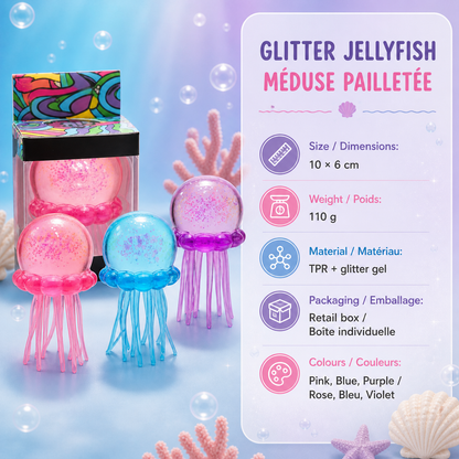 Glitter jellyfish squishy specifications in English and French