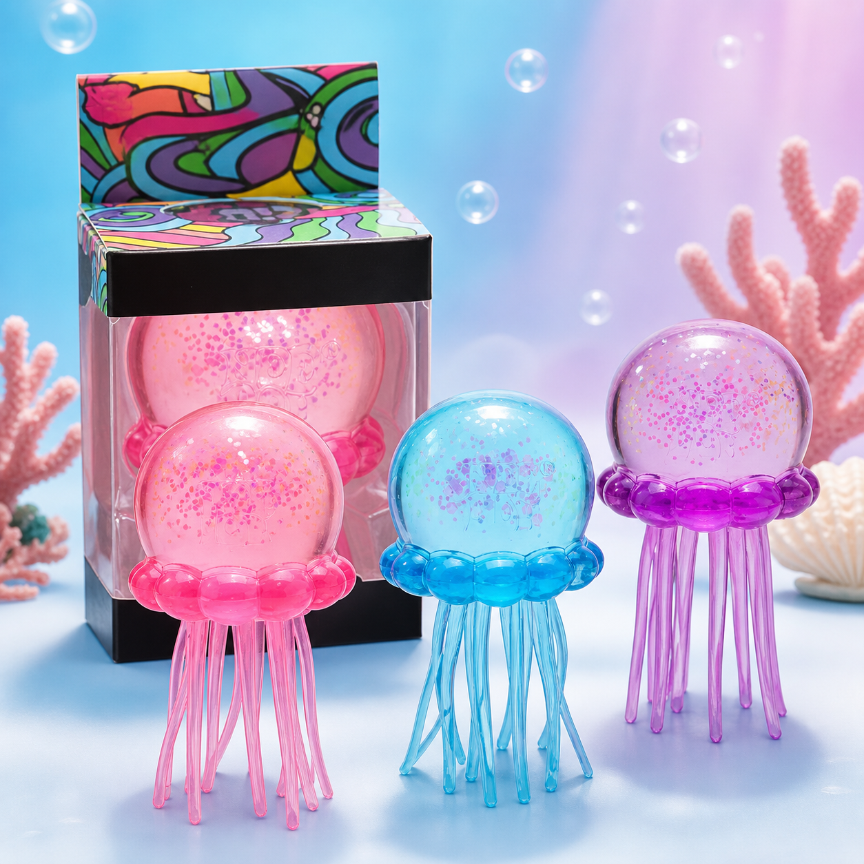 Boxed glitter jellyfish squishy in three colours