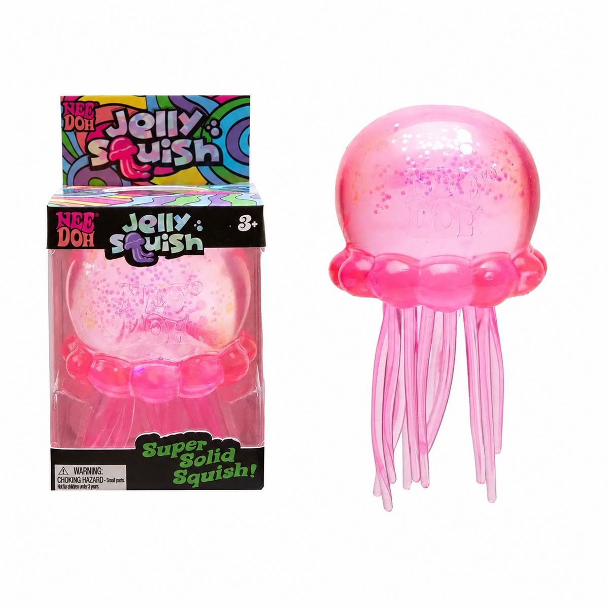 Pink glitter jellyfish squishy with retail box, supplier watermark removed