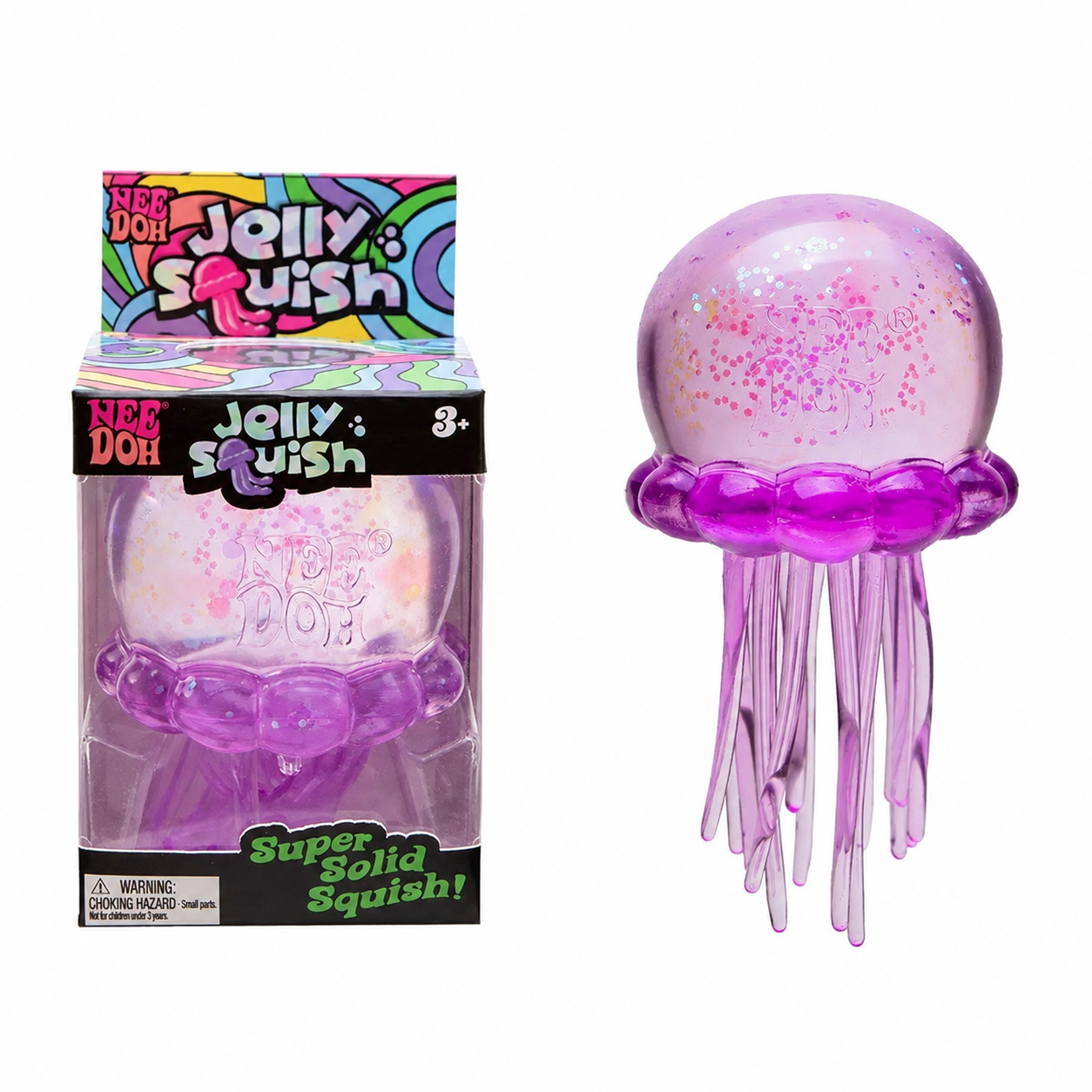 Purple glitter jellyfish squishy with retail box, supplier watermark removed