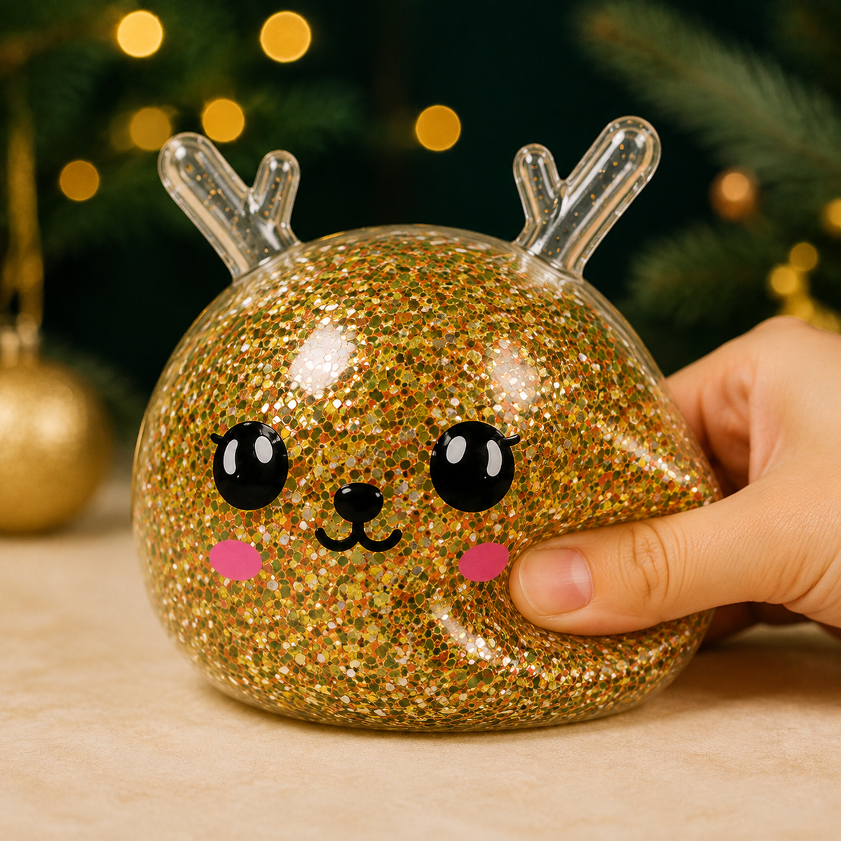 Gold glitter reindeer sensory squeeze toy with a hand pressing the same toy