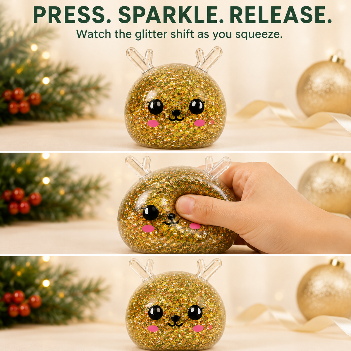 Press, sparkle and release sequence for the gold glitter reindeer sensory toy