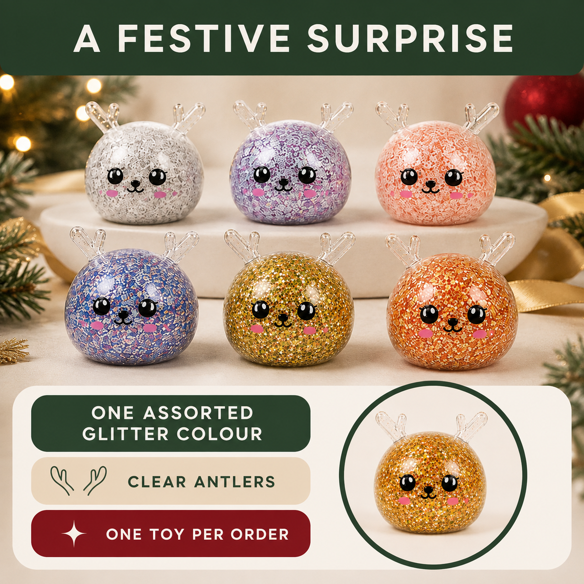Assorted glitter colour reindeer sensory toys with one toy per order explained
