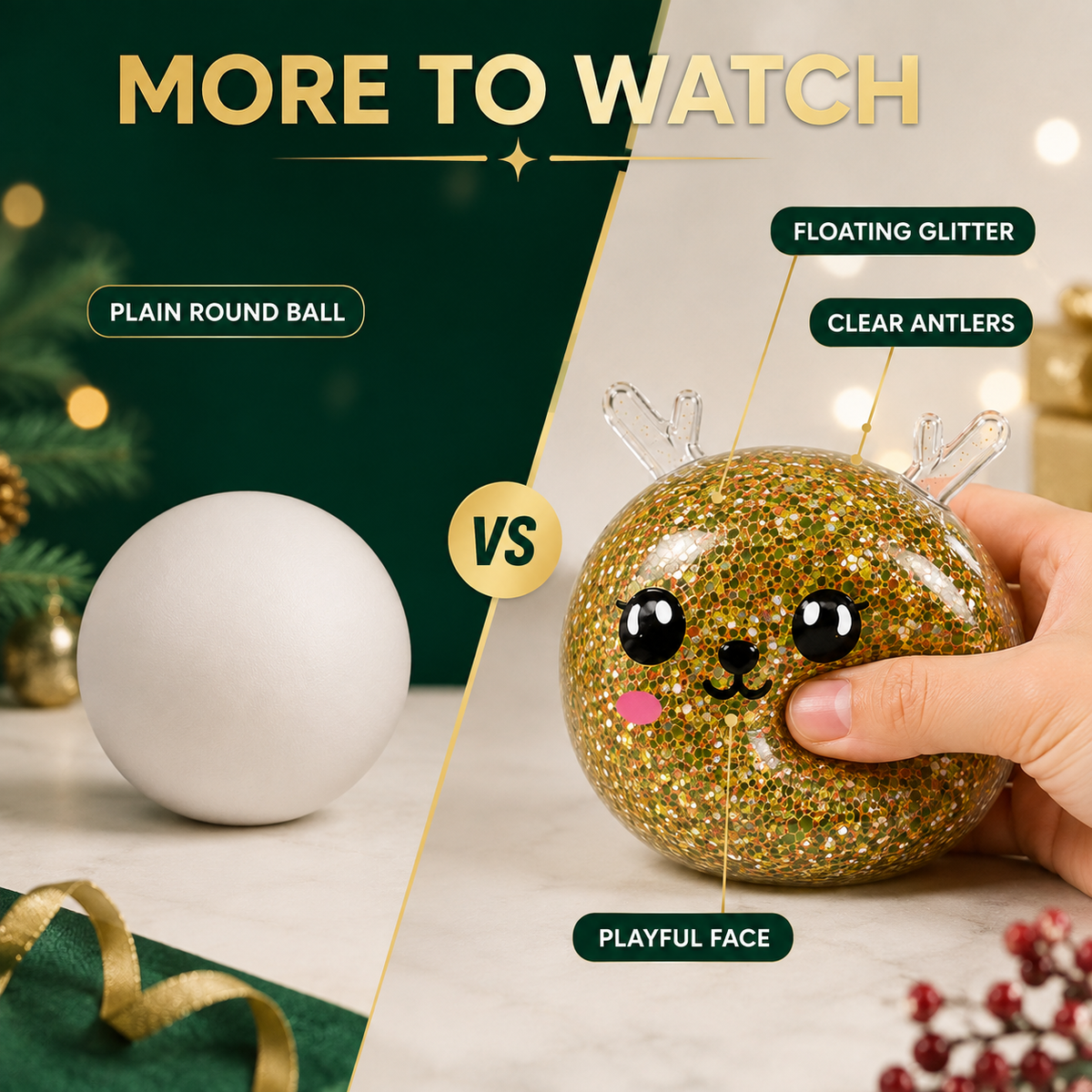 Glitter reindeer sensory toy compared with a plain round stress ball