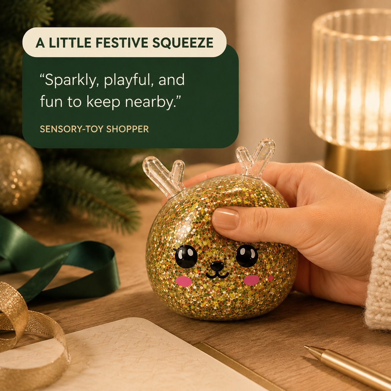 Gold glitter reindeer sensory squeeze toy in a festive desk lifestyle scene