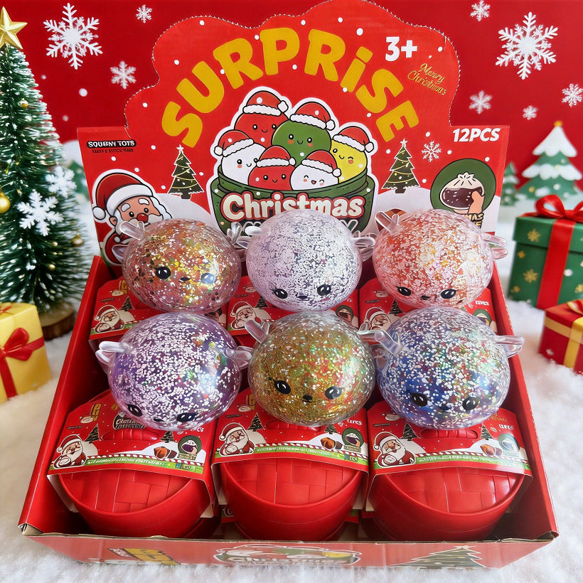 Assorted glitter reindeer squishies in wholesale display