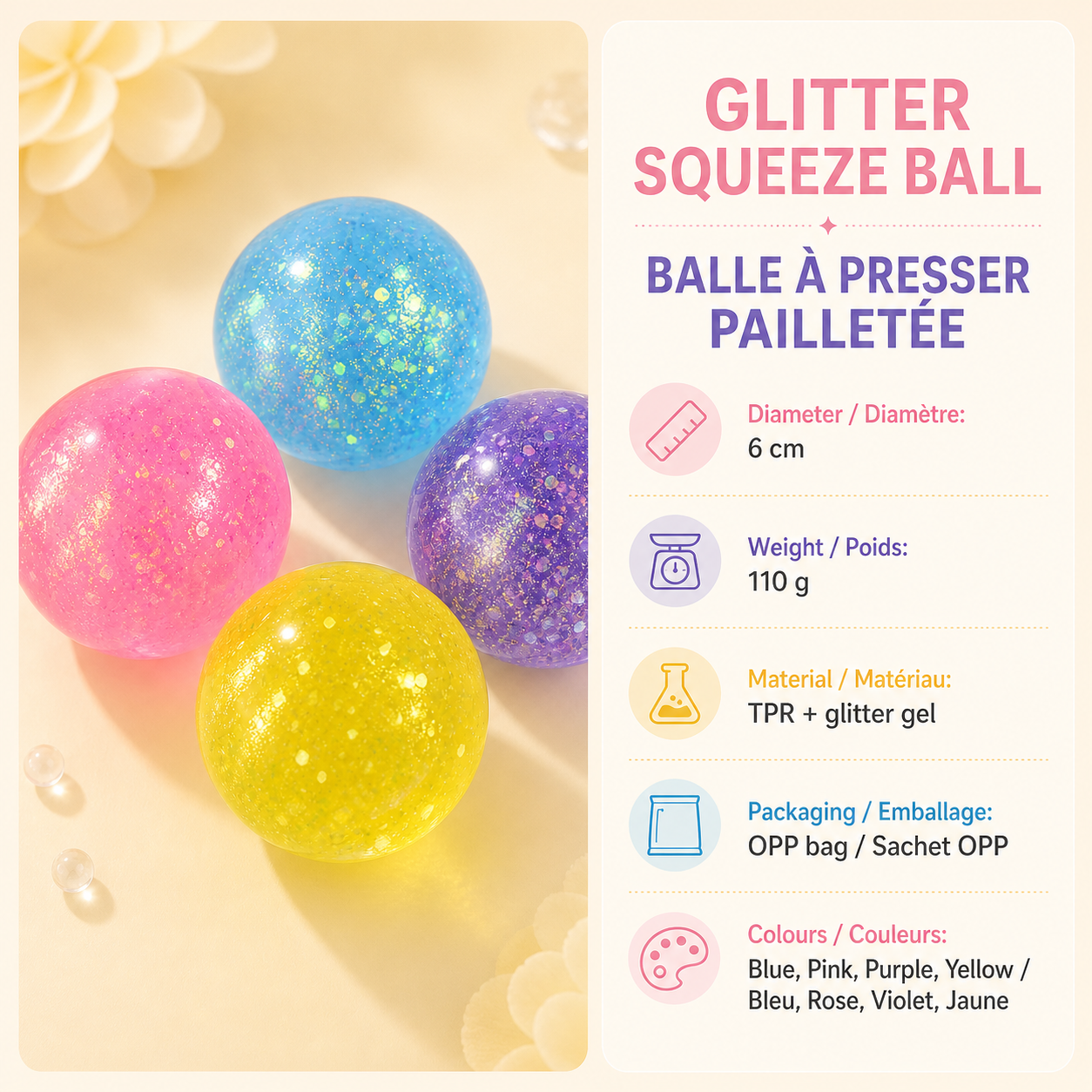 Glitter squeeze ball specifications in English and French