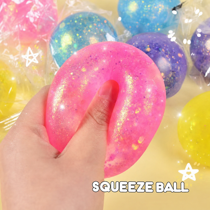 Pink translucent glitter squeeze ball, supplier text removed