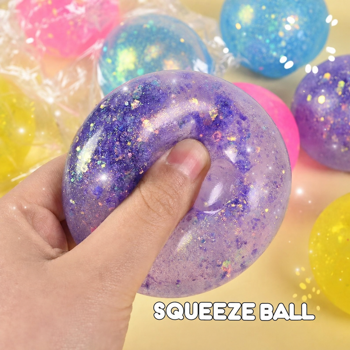 Purple translucent glitter squeeze ball, supplier text removed