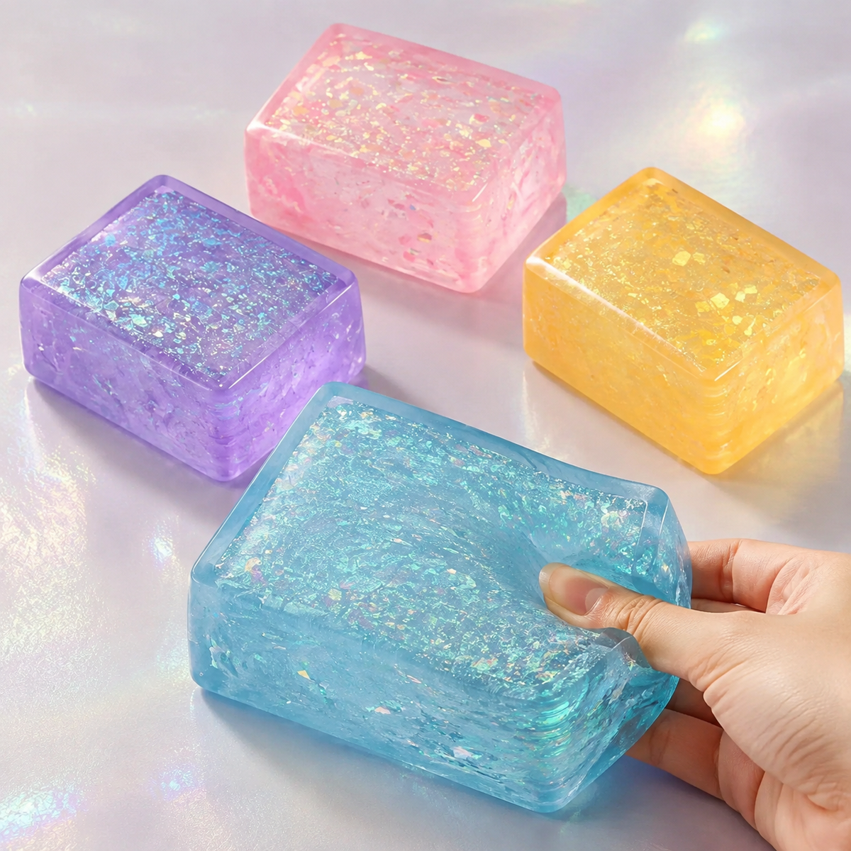 Four glitter tofu block colors with a hand squeezing the blue block