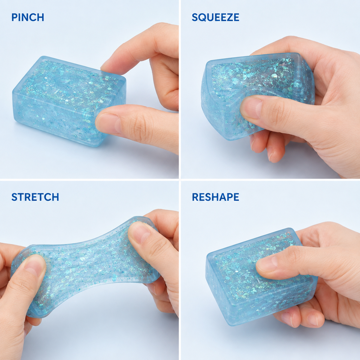 Blue glitter tofu block pinch squeeze stretch and reshape guide