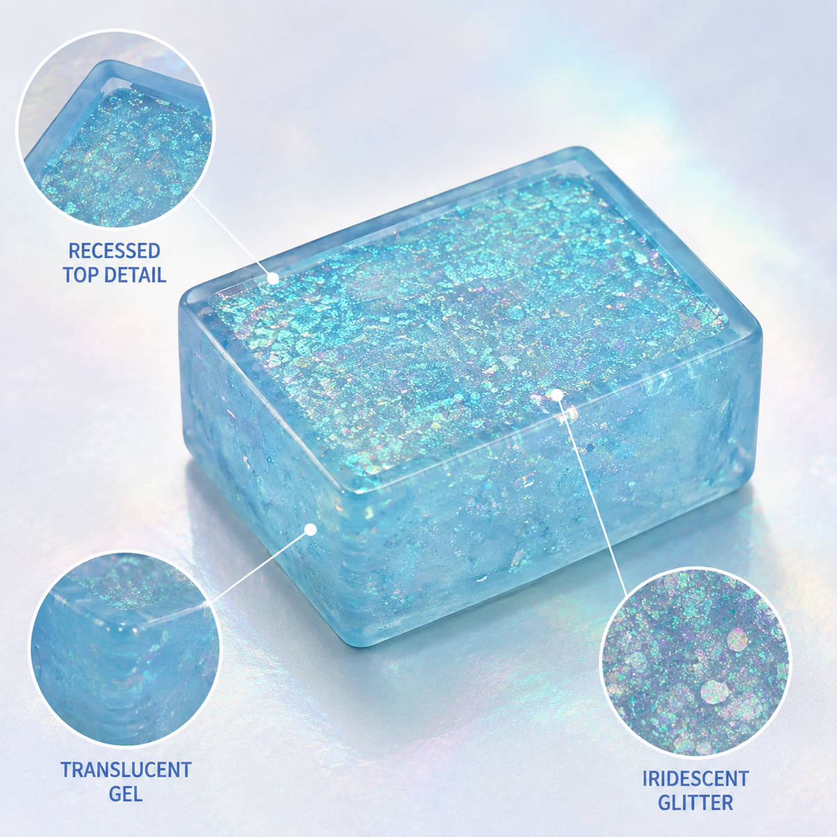 Blue glitter tofu block recessed top translucent gel and glitter details