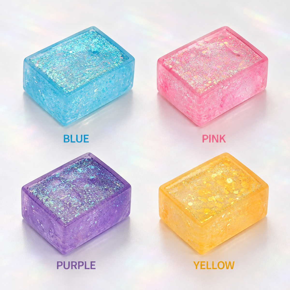 Blue pink purple and yellow glitter tofu block colors