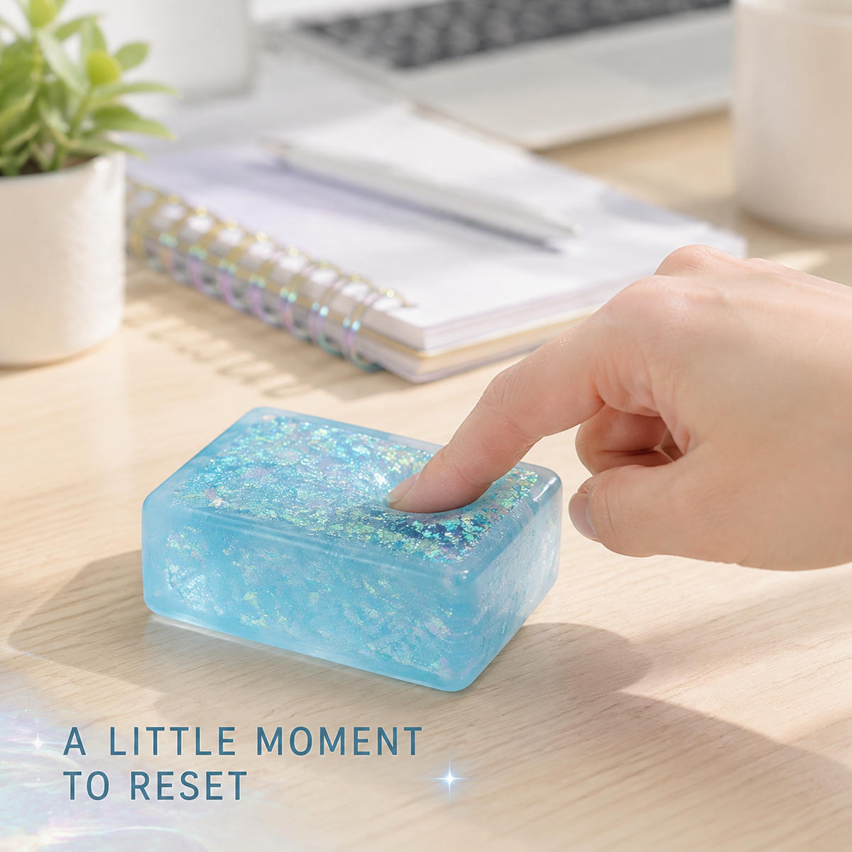 Blue glitter tofu block on a bright home-office desk