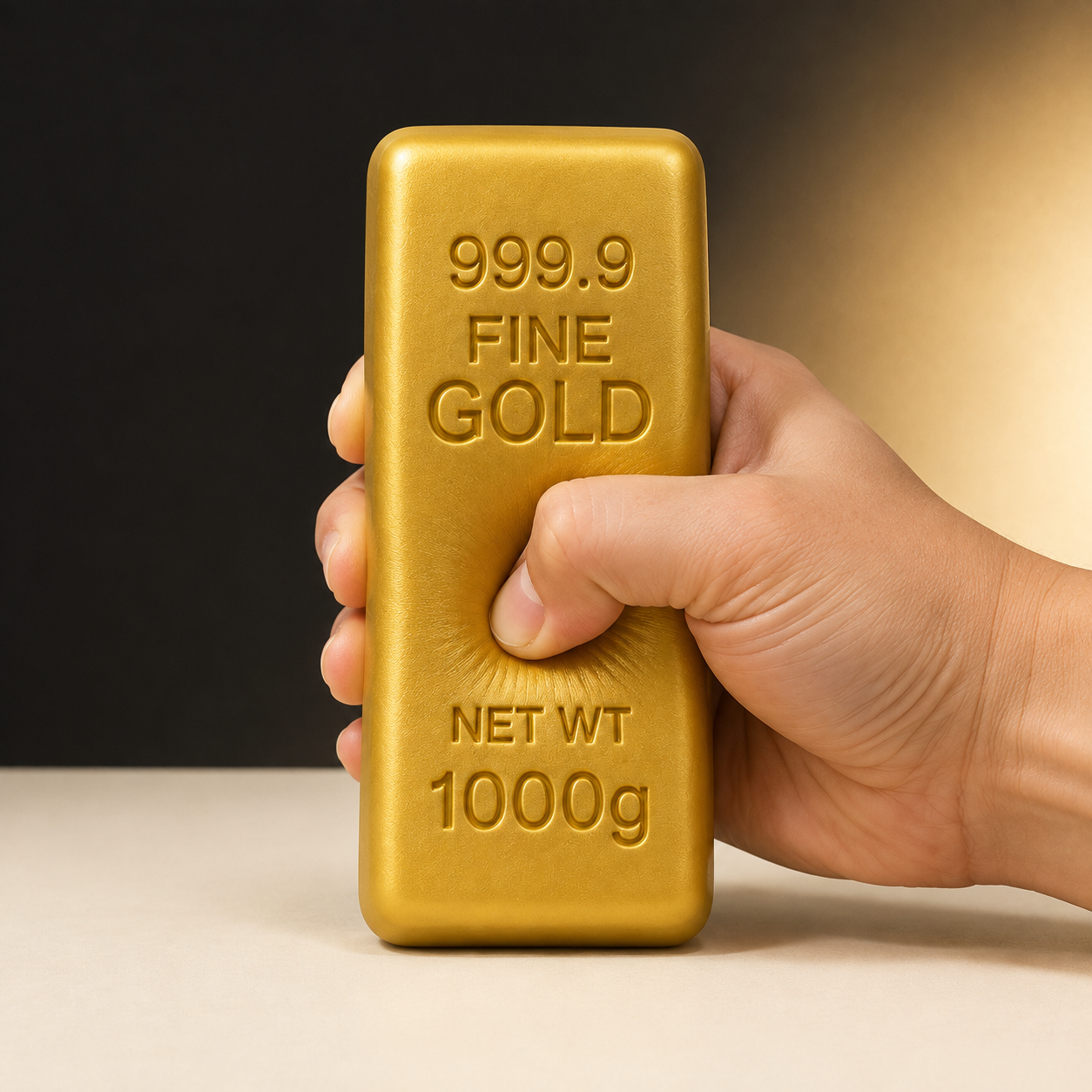 Gold-bar-shaped sensory squeeze toy with a hand pressing the same toy
