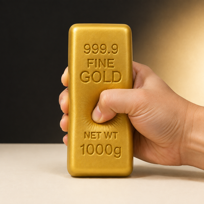 Gold-bar-shaped sensory squeeze toy with a hand pressing the same toy