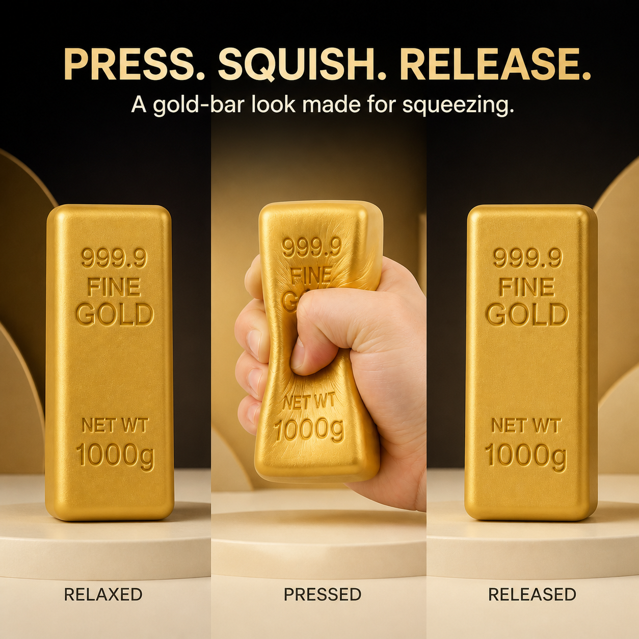 Press, squish and release sequence for the gold-bar-shaped sensory toy