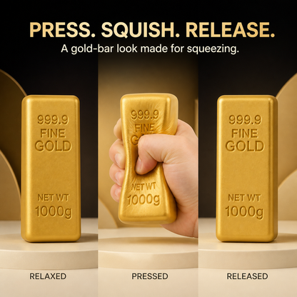 Press, squish and release sequence for the gold-bar-shaped sensory toy