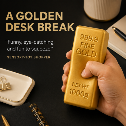 Gold-bar-shaped sensory squeeze toy in a modern desk lifestyle scene