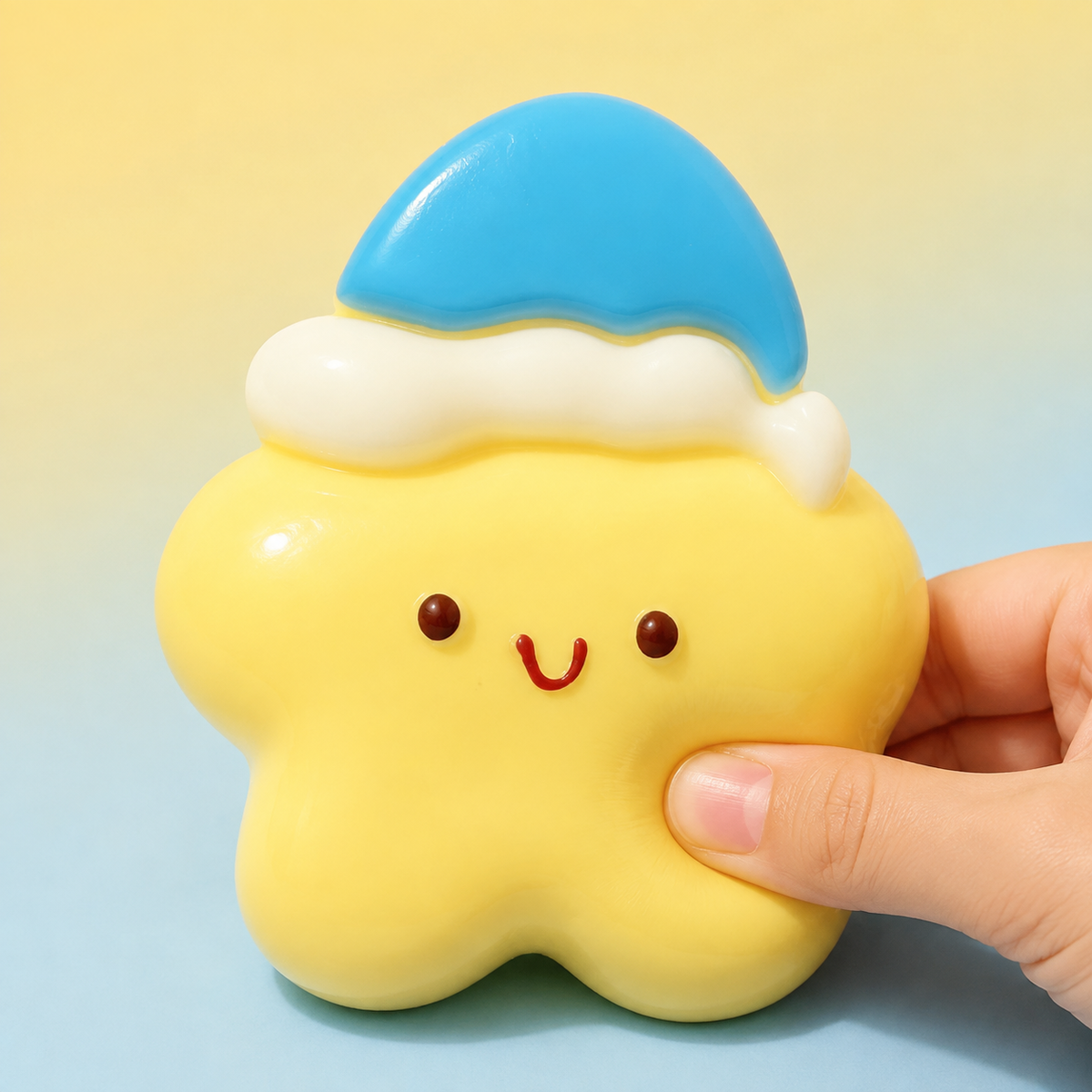 Hand pressing a yellow goodnight star sensory squeeze toy