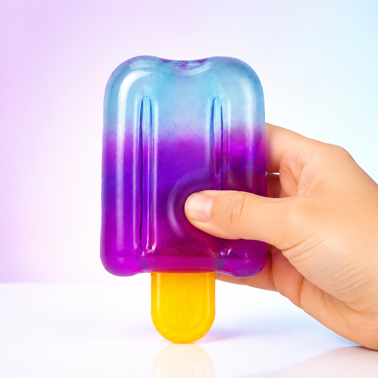 Purple-to-blue gradient popsicle sensory squeeze toy with a hand pressing the same toy