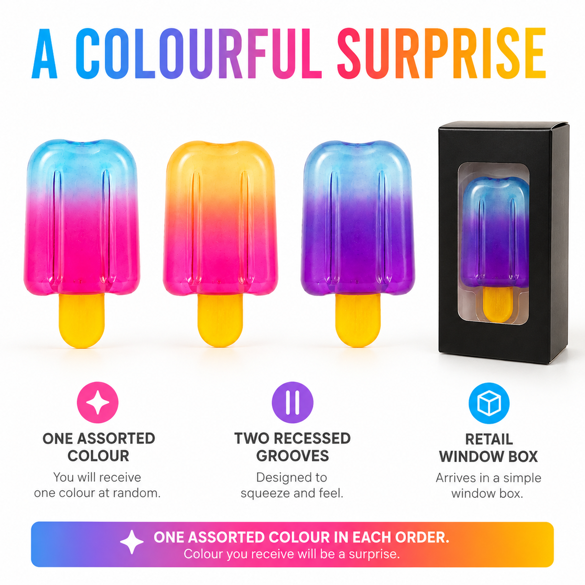 Assorted gradient popsicle sensory toys with one assorted colour and retail box explained