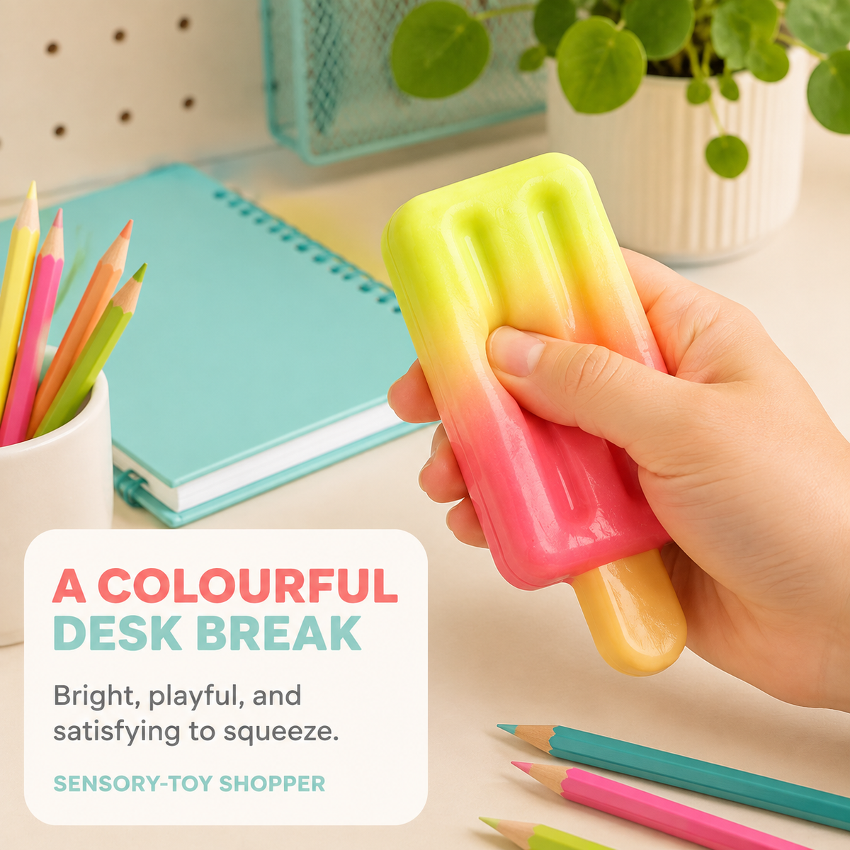 Gradient popsicle squishy in a colourful desk setting