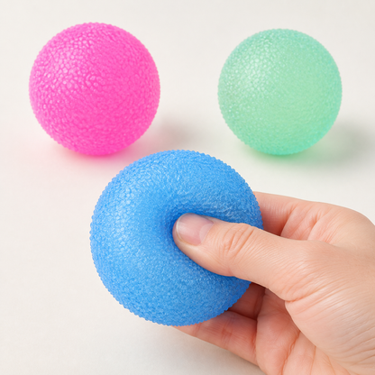 Blue pink and mint green textured balls with a hand pressing the blue ball