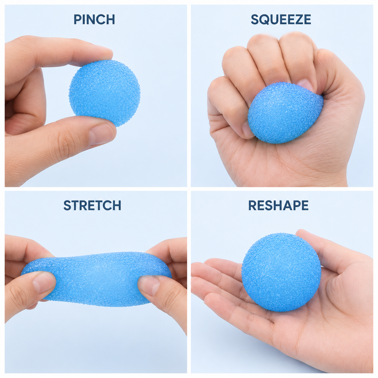 Blue textured ball pinch squeeze stretch and reshape guide