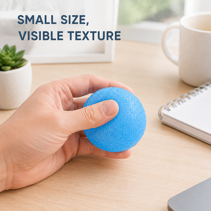 Blue textured ball in a bright home-office scene