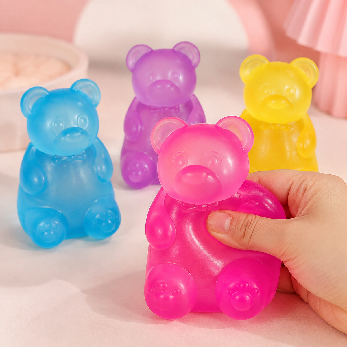 Four translucent gel bear colors with a hand squeezing the pink bear