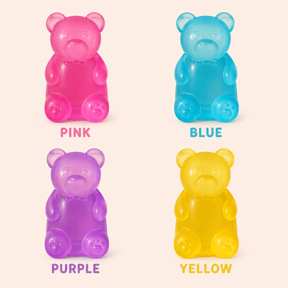 Pink blue purple and yellow translucent gel bear colors