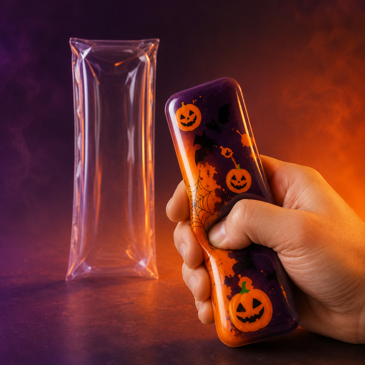 Halloween printed bar squishy toy being visibly squeezed