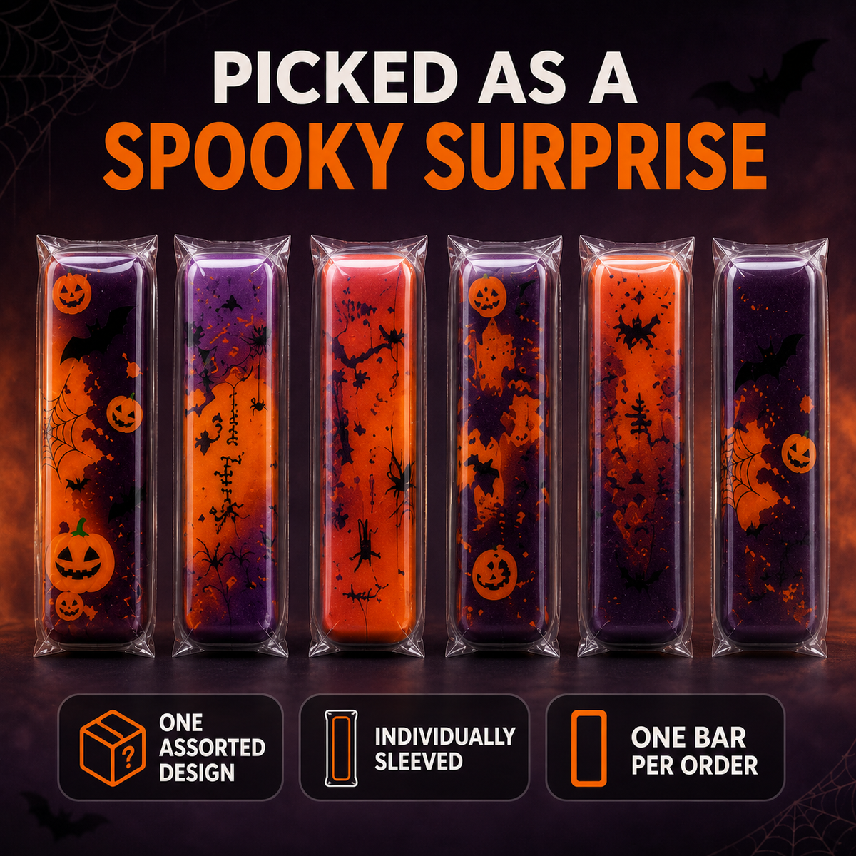 Assorted Halloween bar squishy designs in clear sleeves