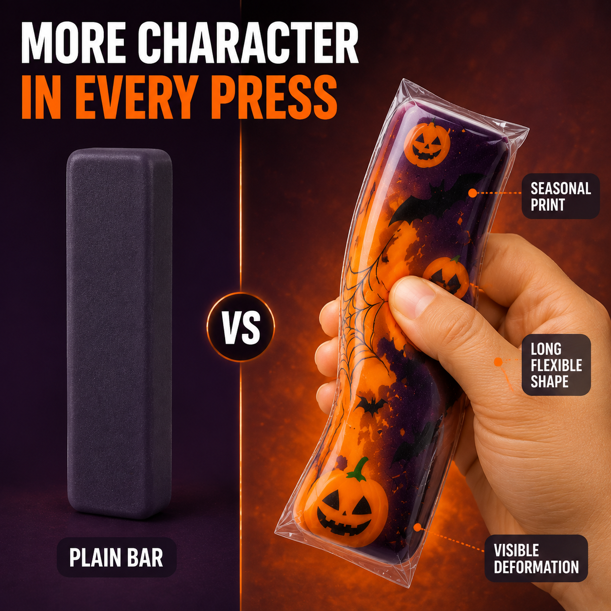 Halloween bar squishy seasonal print and flexible shape comparison