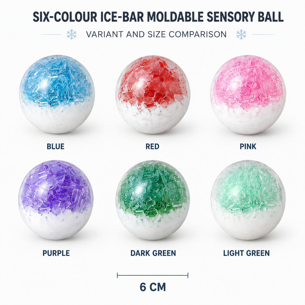 Six-Colour Ice-Bar Moldable Sensory Ball – 6 cm — Variants and size