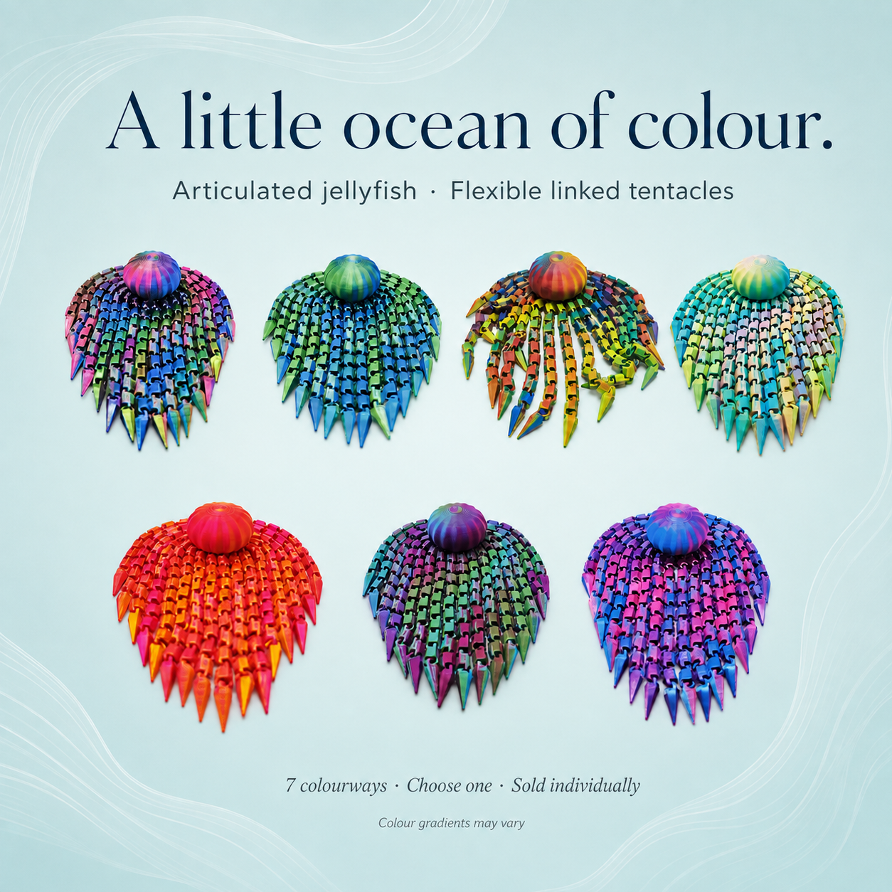 All seven jellyfish colourways — choose one, sold individually — advertisement