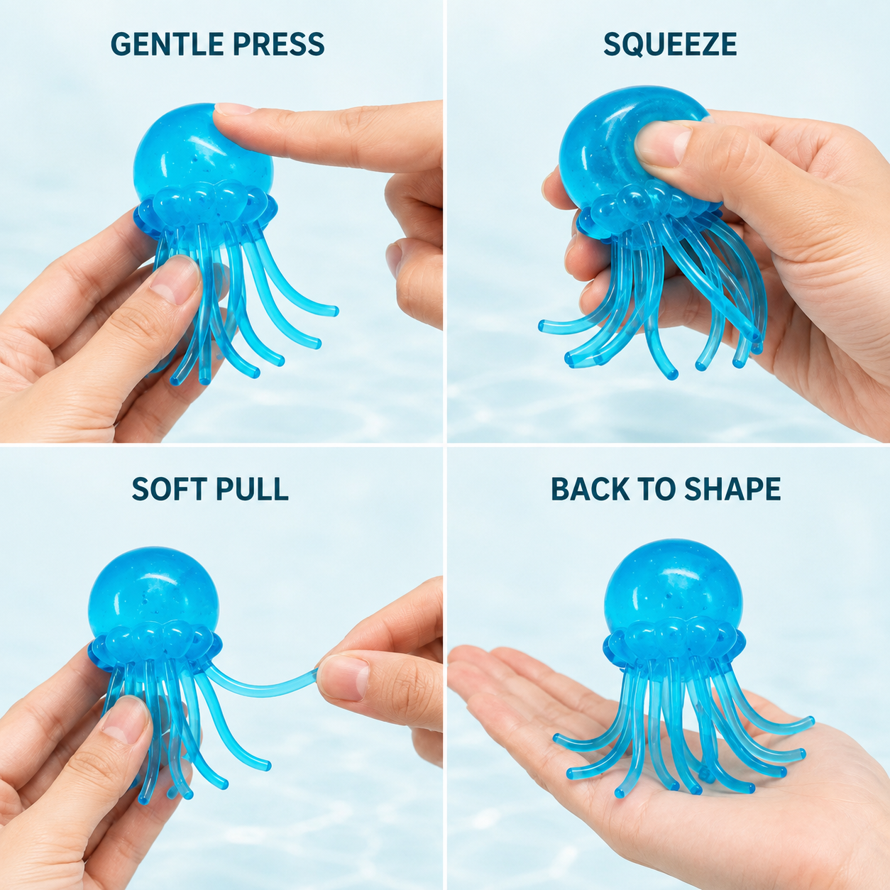 Blue gel jellyfish gentle press squeeze soft pull and reshape guide
