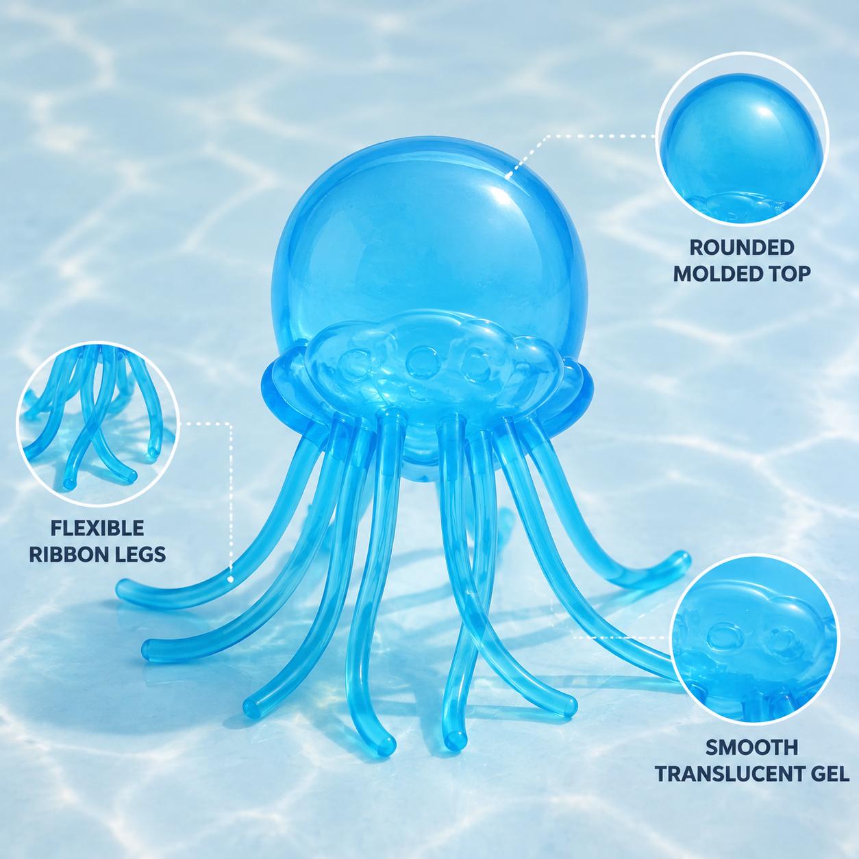 Blue gel jellyfish rounded top ribbon legs and translucent gel details