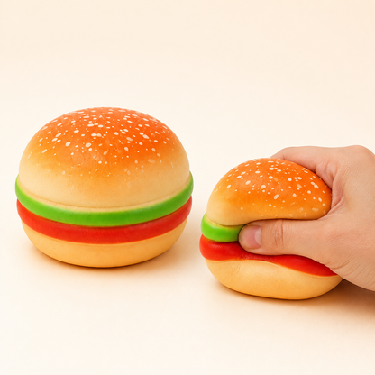 Jumbo 8 cm burger sensory squeeze toy hero with hand-squeeze demonstration
