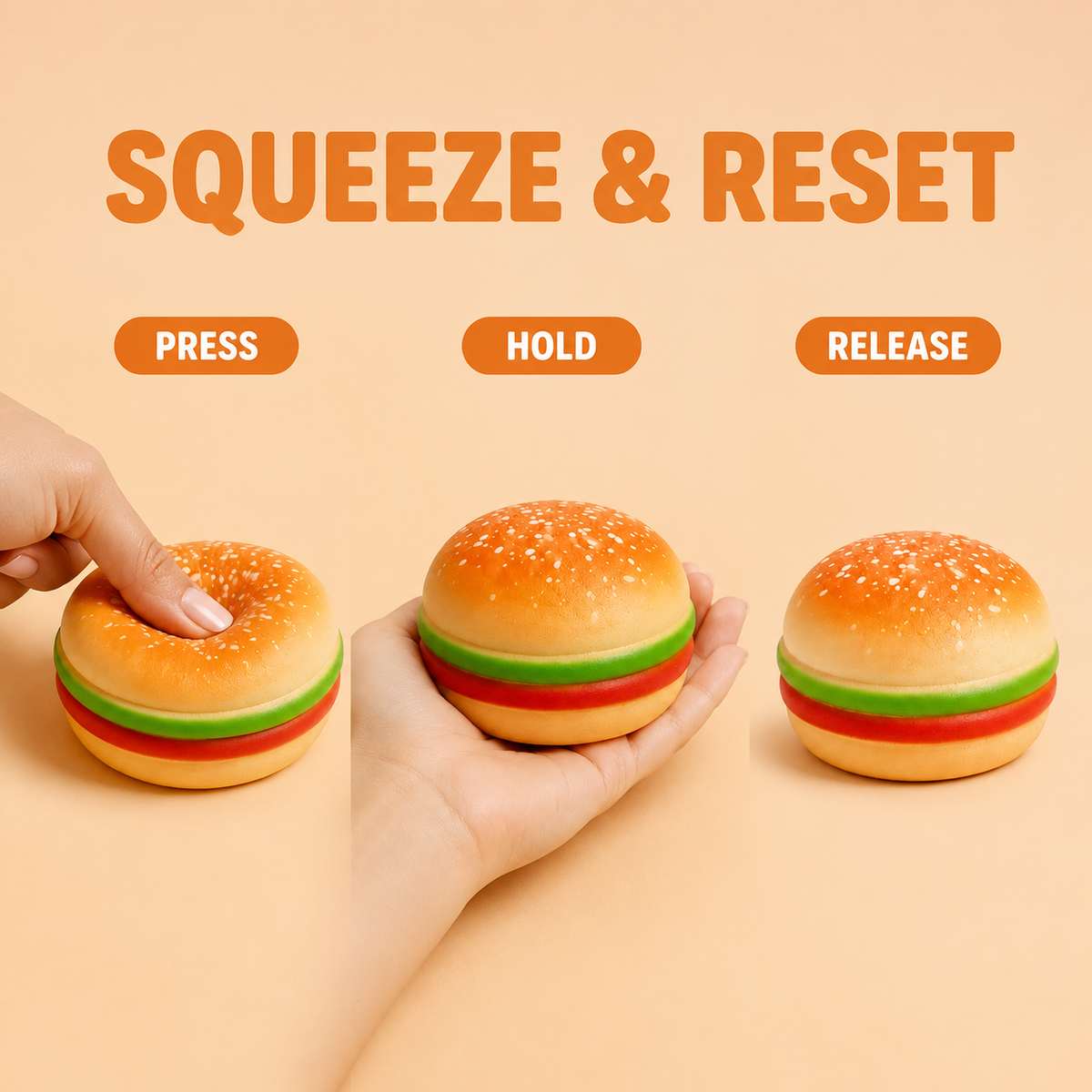 Jumbo 8 cm burger sensory squeeze toy press hold release guide