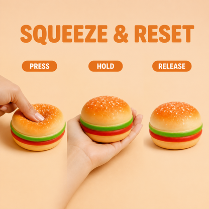 Jumbo 8 cm burger sensory squeeze toy press hold release guide