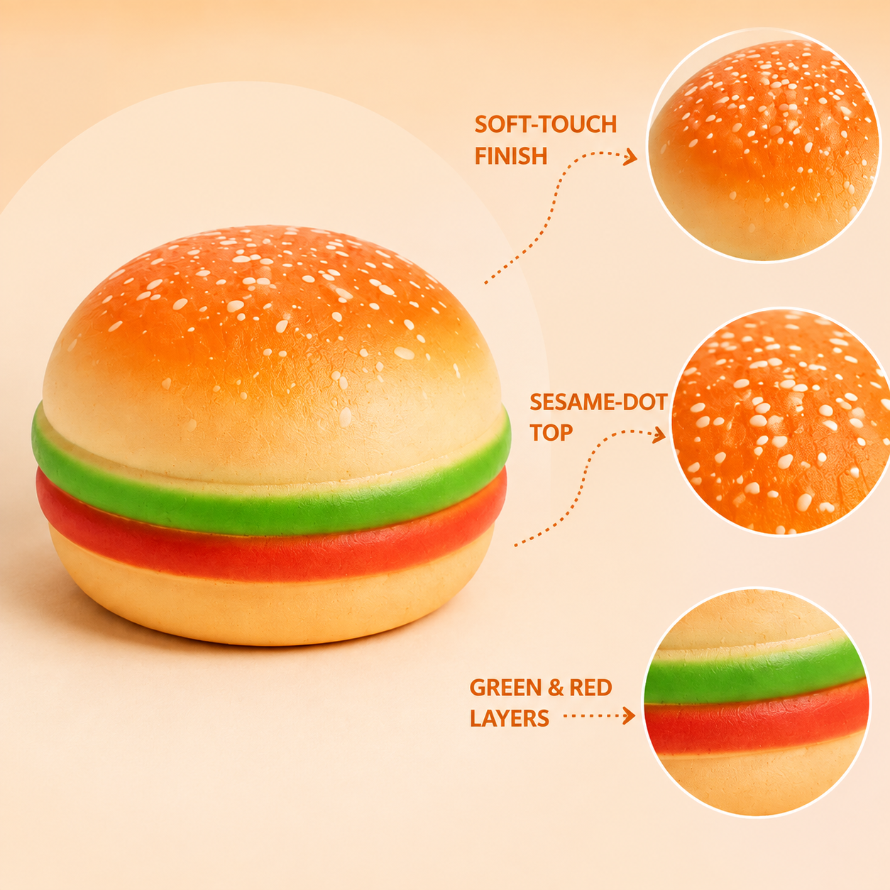Jumbo 8 cm burger sensory squeeze toy features