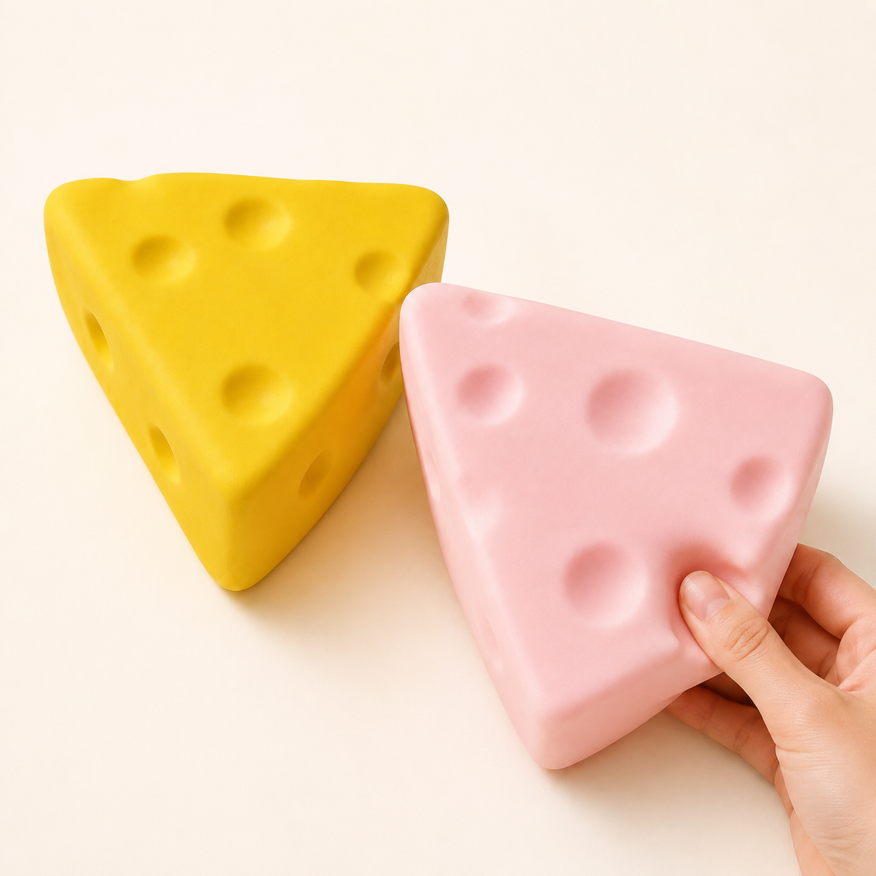 Large cheese squishy yellow and pink variants shown with hand press