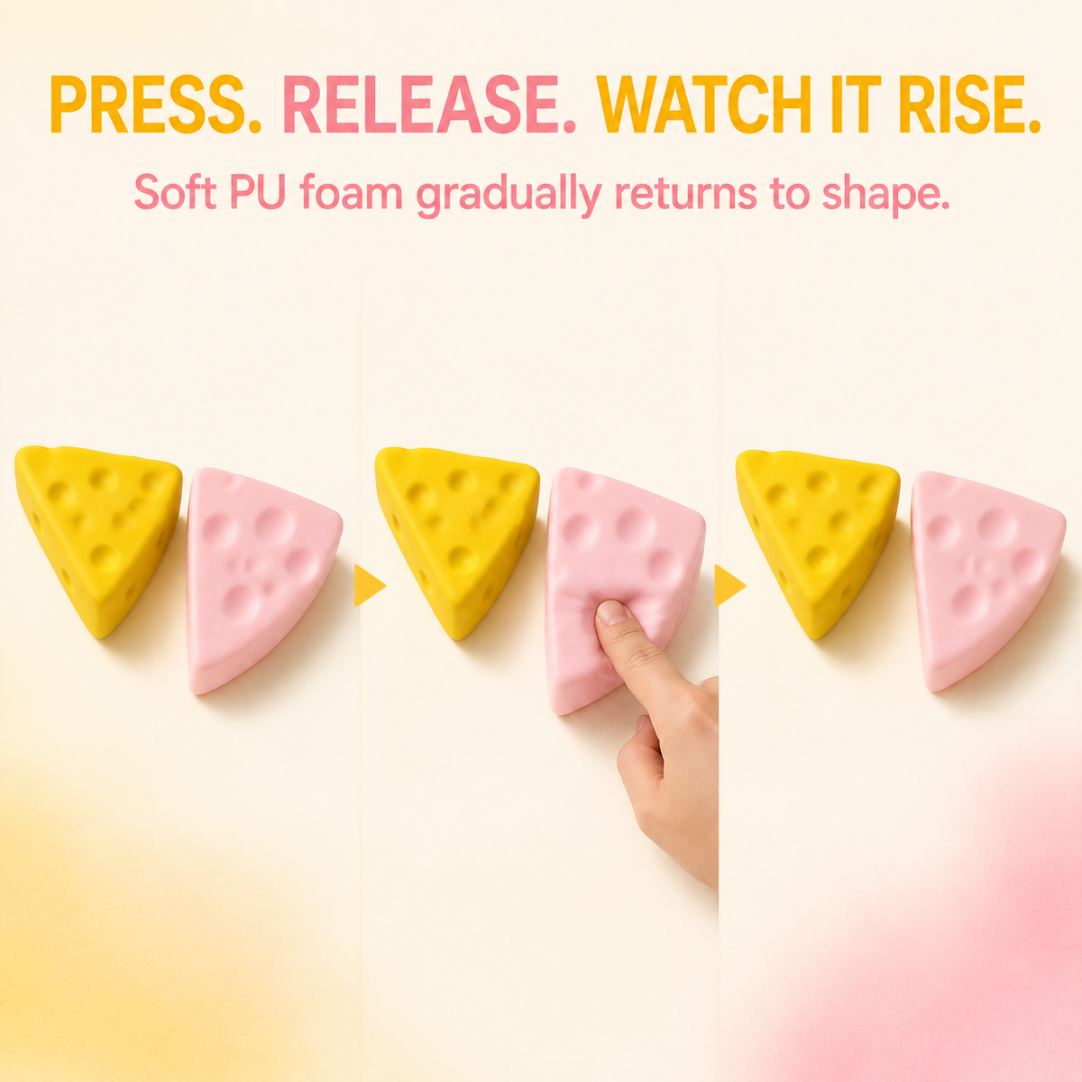 Large cheese squishy press release and slow rise in yellow and pink