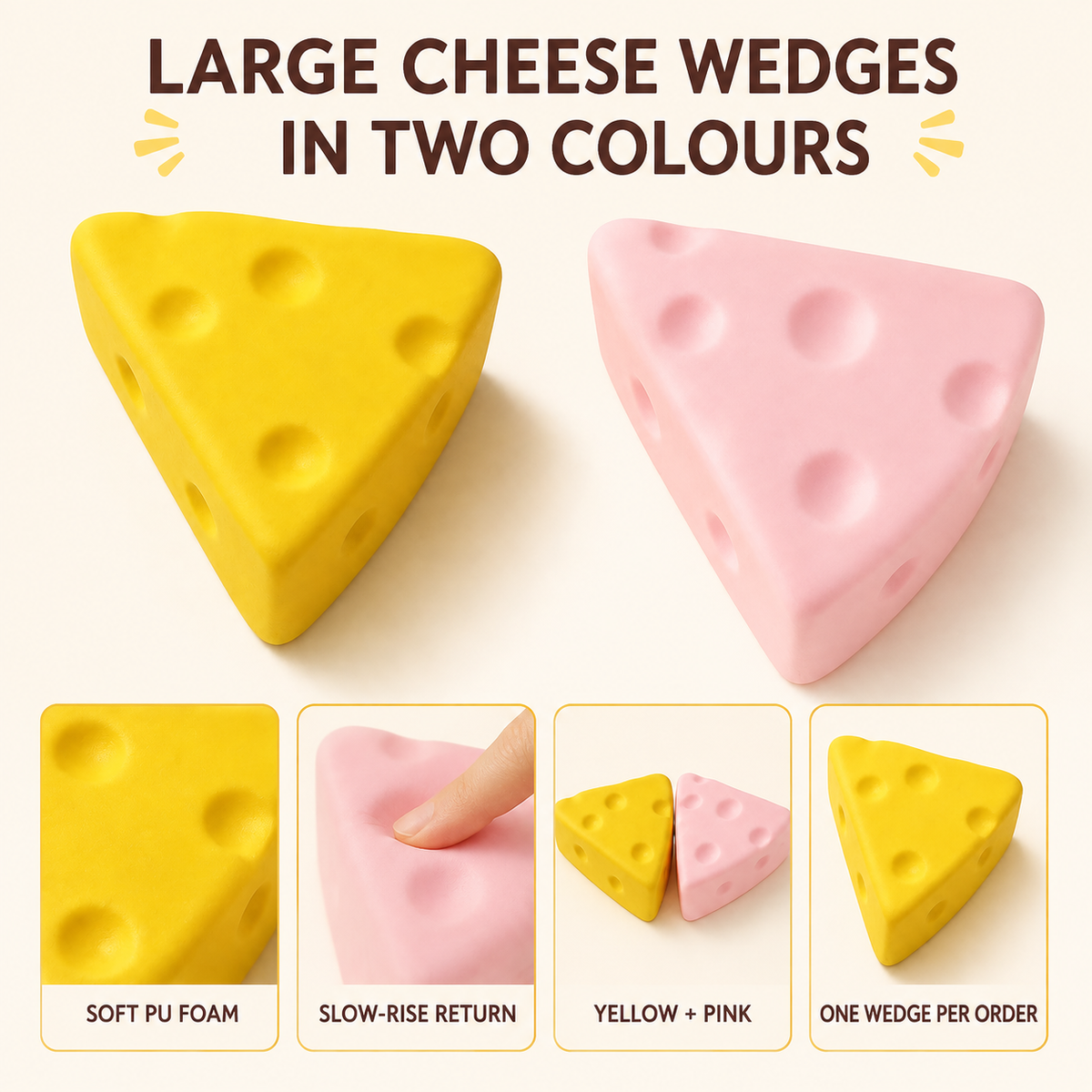 Large cheese squishy product features and colour options