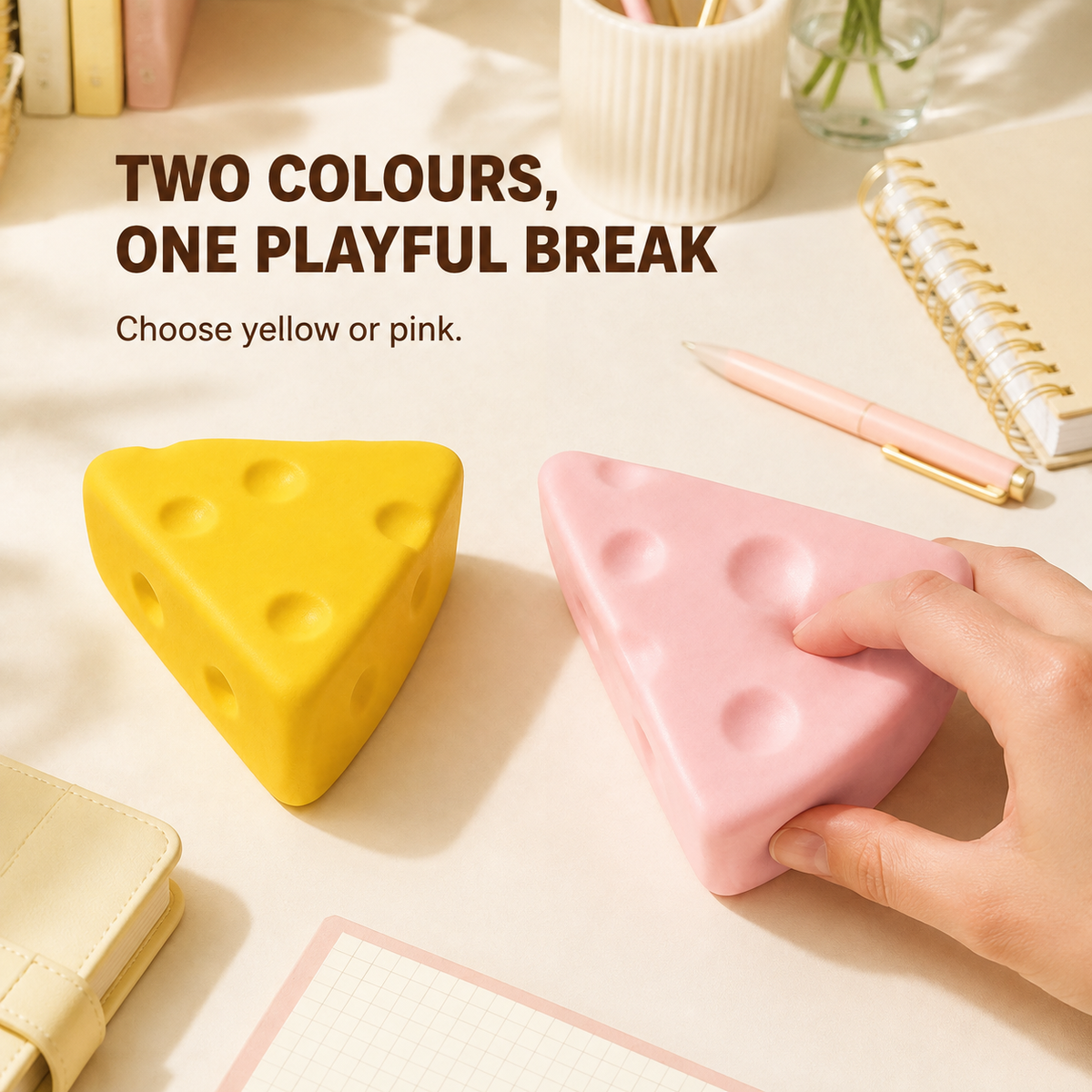 Large cheese squishy yellow and pink desk lifestyle