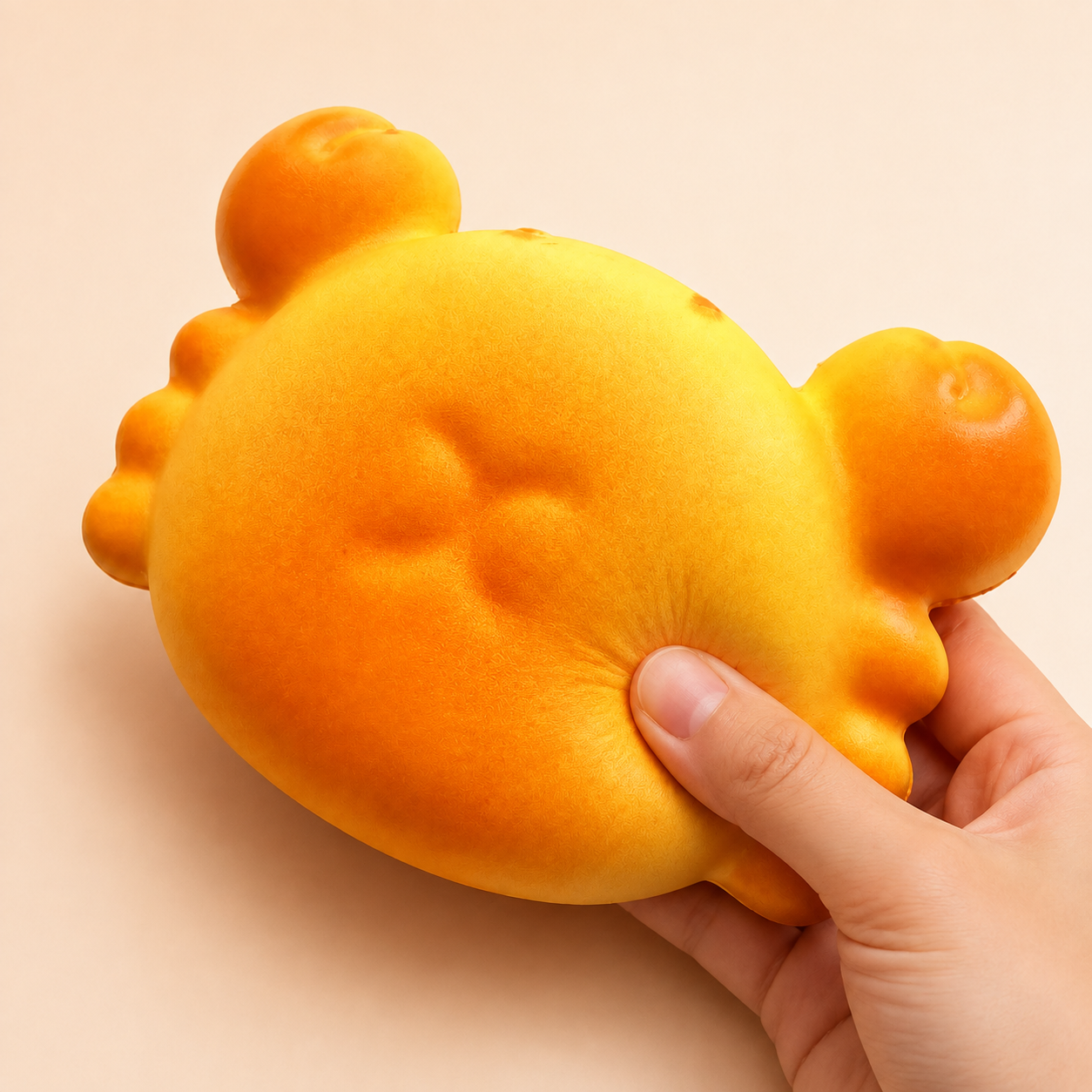 Large orange crab squishy with a hand gently squeezing the lower-right body